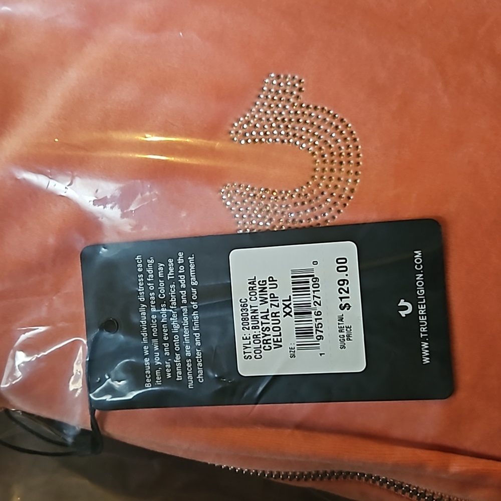 TRUE RELIGION CRYSTAL HS WING VELOUR ZIP HOODIE- BURNT CORAL SIZE XXL - Picture 10 of 12